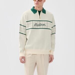 Malbon Golf Bennett Plaid Sweater Medium NEW Knit Green Polo Ivory Logo Zip Neck